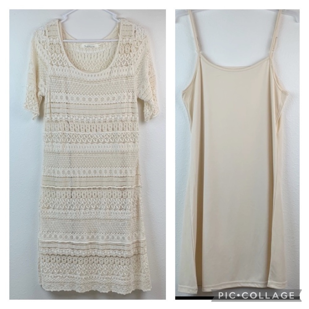 Solitaire crochet cream lace short sleeve shift dress + stretchy slip lining EUC
